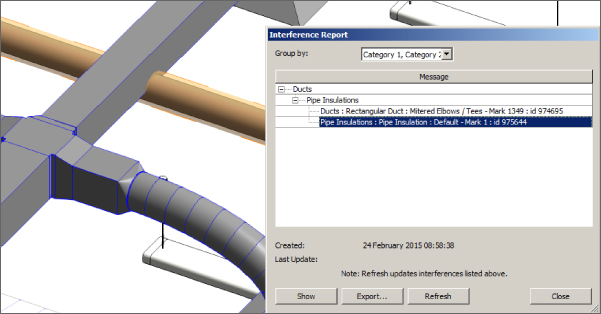 Screenshot of Interference Report box displaying the highlighted Pipe Insulations with the date it was created. Three buttons are at the bottom: Show, Export, Refresh, and Close.