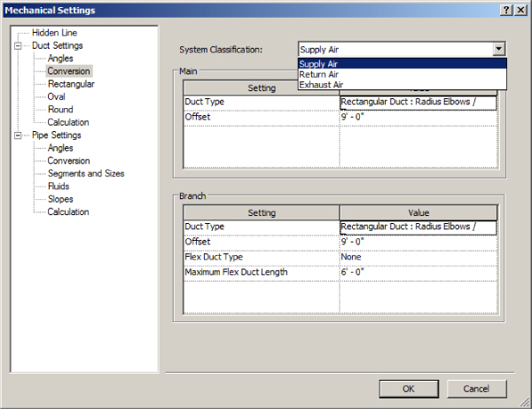 Mechanical settings dialog box presenting the highlighted Conversion category under Duct Settings. Supply Air in System Classification drop-down list is highlighted.