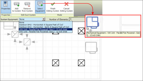Screenshot of System Editor with an arrow from the highlighted Select Equipment button (on Edit Duct System panel) pointing to a VAV box with a caption and description.