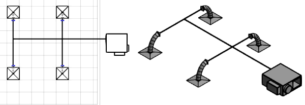 Two diagrams of completed duct layout. The left diagram displays the plan of the layout, while the left diagram displays a 3-dimensional isometric view of the layout.