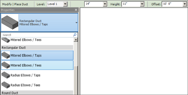 Screenshot of the properties dialog box displayed listing various kinds of rectangular ducts.