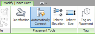 Screenshot of the highlighted Automatically Connect button in the Placement Tools panel under Modify | Place Duct tab.