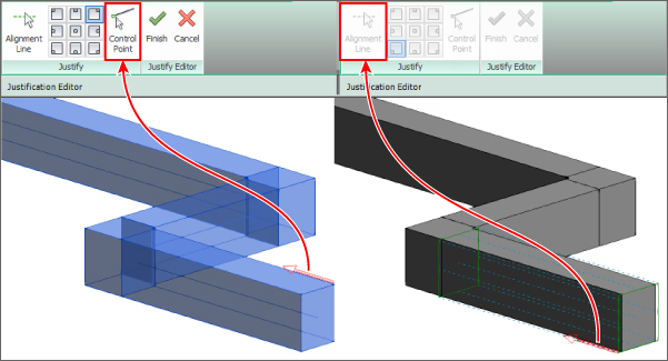 Screenshot of the two Justification Editors with an arrow on the top part of the duct pointing Control Point button (left) and an arrow on the bottom part of the duct pointing Alignment Line button (right).