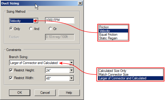 Screenshot of Duct Sizing dialog box presenting the selected Velocity under Sizing Method and Larger of Connector and Calculated under Branch Sizing of Constraints. Available options are listed at the right.