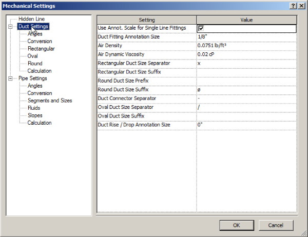 Screenshot of the Mechanical Settings dialog box with the selected Duct Settings tab presenting the list of its available settings, together with its value.