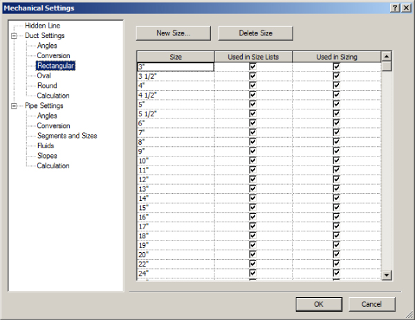 Screenshot of the Mechanical Settings dialog box with the selected Rectangular option under Duct Settings tab presenting the list of its available sizes.