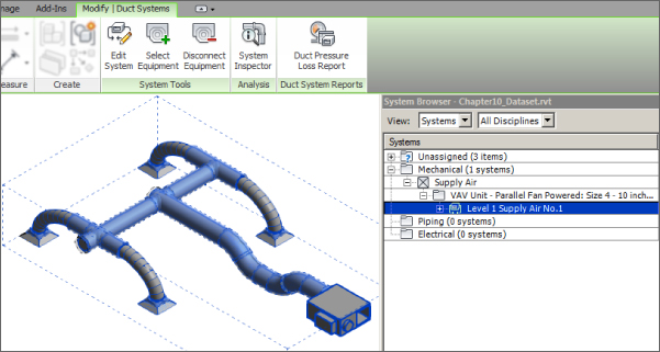 Screenshot of the Modify | Duct System tab presenting System Tools, Analysis, and Duct System Reports panels with System Browser dialog box on the right side displaying the highlighted Level 1Supply Air No. 1.