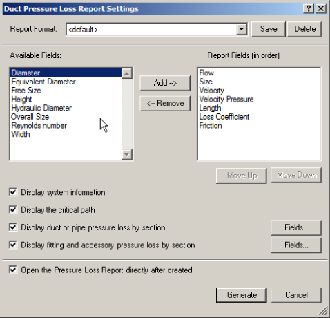Screenshot of the Duct Pressure Loss Report Settings dialog box displaying Available Fields pane (left) and Report Fields pane (right). Add (right arrow) and Remove (left arrow) buttons are in between them.