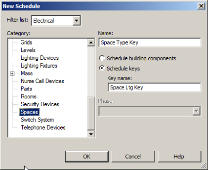 Screenshot of New Schedule dialog box presenting the highlighted Spaces option in Category pane. Space Type Key is inputted in the Name field with selected Schedule keys with Key name Space Ltg Key.