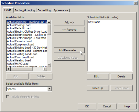 Screenshot of the Schedule Properties dialog box presenting Fields tab with the highlighted Actual Appliance option under Available fields. The cursor points the Add Parameter button.
