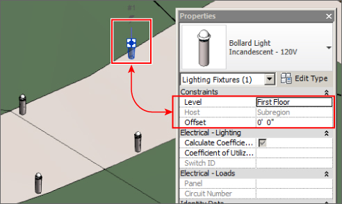 Screenshot presenting a boxed Bollard light with the Properties dialog box at the right side of the image. A two-headed arrow links the light and 3 properties inside the box.