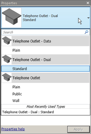 Screenshot of Properties dialog box presenting the selected Telephone Outlet (Dual, Standard) atop, with other available options. Telephone Outlet (Dual, Standard) is listed under Most Recently Used Types.