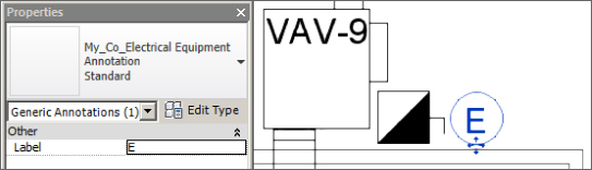 Diagram depicting a VAV equipment in a linked file while an electrical connector family has been placed in the host file with its Properties dialog box at the left side.