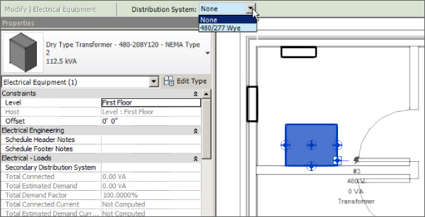 Screenshot of a highlighted transformer with the selected None option in Distribution System drop-down list. Its Properties dialog box is displayed at the left side of the image.