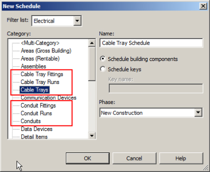 Screenshot of New Schedule dialog box presenting the selected conduit and cable tray schedule categories.