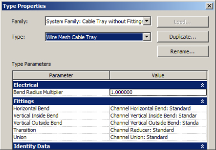 Screenshot of the Type Properties dialog box presenting Wire Mesh Cable Tray in Type field with a list of Type Parameters: Electrical, Fittings, and Identity Data.