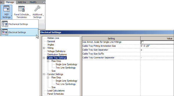 Screenshot of the selected Electrical Settings in MEP Settings drop-down list on the Manage tab opening Electrical Settings dialog box, which presents Cable Tray Settings.