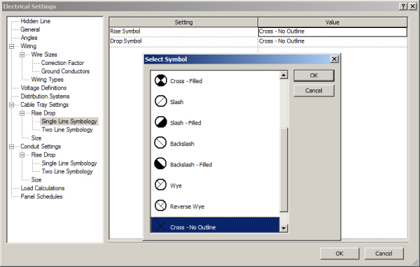 Screenshot of Electrical Settings dialog box presenting settings for Single Line Symbology–Rise and Drop Symbols–with popped-up Select Symbol dialog box highlighting Cross – No Outline.