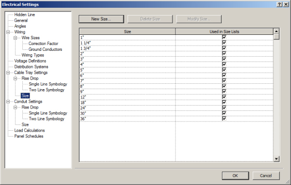 Screenshot of Electrical Settings dialog box presenting Size settings for cable tray with two columns for list of available sizes (column 1) and their checkboxes (column 2).