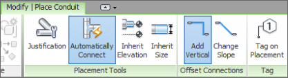 Snippet image of the highlighted Automatically Connect button on Placement Tools panel and Add Vertical button on Offset Connections panel of Modify | Place Conduit tab.