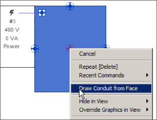 Screenshot of the conduit connector grip right-click menu with the cursor pointing the Draw Conduit from Face option.