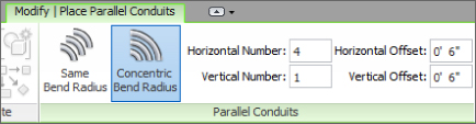 Screenshot of the Modify | Place Parallel Circuits tab presenting the Parallel Conduits panel with two options: Same Bend Radius and Concentric Bend Radius. The latter is highlighted.