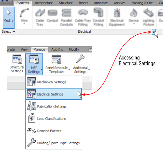 Screenshot illustrating two ways to access the Electrical Settings: by clicking MEP Settings button on Manage tab and by clicking the diagonal arrow on the right side of Electrical panel of Systems tab.