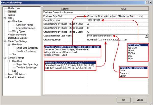 Screenshot of Electrical Settings dialog box presenting the General section with various available options.