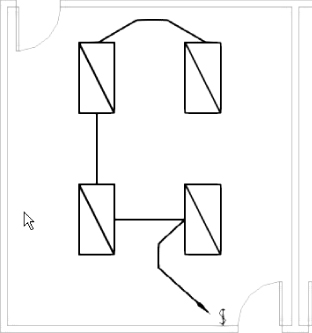 Diagram depicting a lighting fitting circuit with 4 rectangular boxes connected by a chamfered wire.