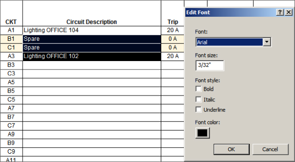 Screenshot of three selected cells with Edit Font dialog box presenting Arial font style and 3/32'' font size.