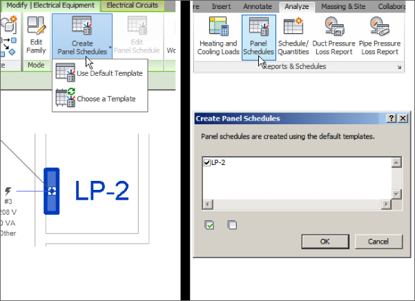 Screenshot illustrating two ways to create panel schedules: 1) by Create Panel Schedules button in Modify | Electrical Equipment tab (left) and 2) by Panel Schedules button in Analyze tab (right).
