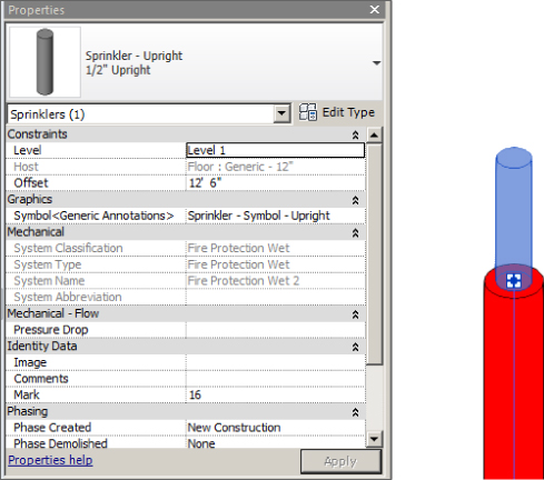 Image of a nonhosted sprinkler head (right) with Properties dialog box containing an Offset height parameter (left).