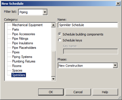 Screenshot of New Schedule dialog box presenting the highlighted Sprinklers from Category and Sprinkler Schedule in the Name field.