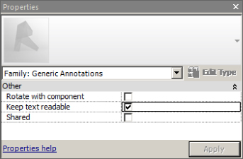 Screenshot of the Properties dialog box displaying the parameters of generic annotations with check boxes: Rotate with component, Keep text readable (with checked box), and Shared.