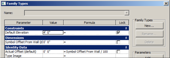Snippet image of Family Types dialog displaying four columns for Parameter, Value, Formula, and Lock. Under the Identity Data parameter is Actual Offset and on the Formula column is Symbol Offset From Wall / 100.