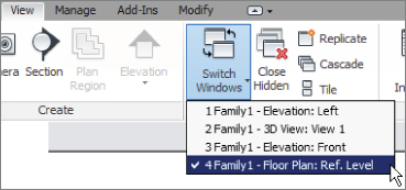 Snippet image of the View tab of the Rivet window presenting a drop-down menu for Switch Windows button: Left elevation, 3D view, front elevation, and floor plan reference level.