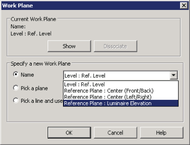 Screenshot of the Work Plan dialog with two sections: Current Work pane (top) and Specify a new Work pane (bottom). Across the Name option is a drop-down menu listing level and reference planes.