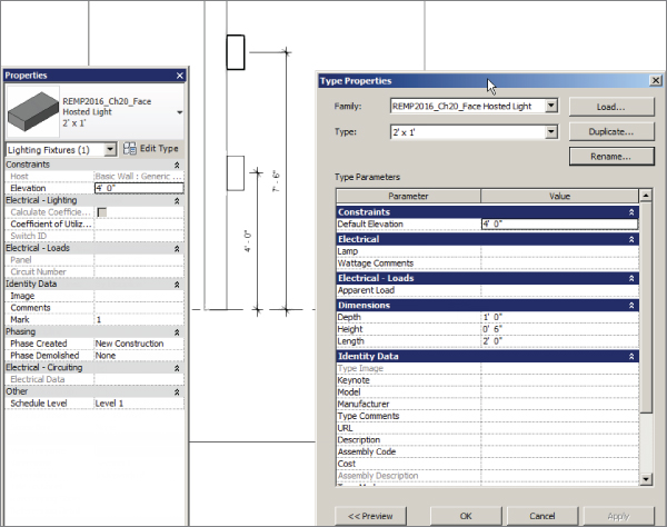 Screenshot of the Properties (left) and Type Properties (right) dialogs overlaying the wall-mounted light in reference level plan view (visible in the middle).