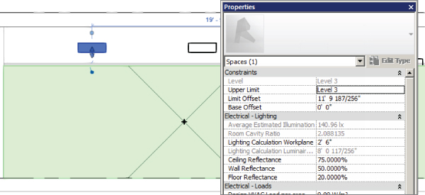 Screenshot of a plan view with light fixture and Spaces Properties palette with 2' 6'' in Lighting Calculation Workplane, 75% in Ceiling Reflectance, 50% in Wall Reflectance, and 20% in Floor Reflectance.