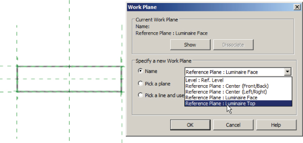 Screenshot of a plan view with a rectangle in dashed lines. On its right is the Work Plane dialog presenting a drop-down menu across the Name field under Specify a new Work Plane.