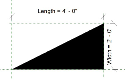 Drawing of a rectangle with a length = 4'- 0'' and a width= 2'- 0''. The rectangle is divided into two forming two triangles. The right triangle is a filled region.