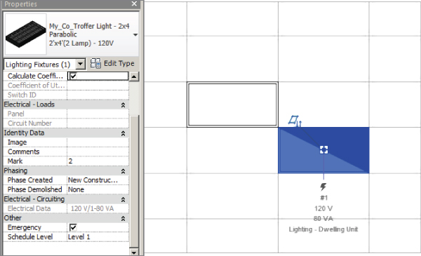 Screenshot of the Properties palette (left) with enabled Emergency light display option. On its right is a detail component of the lighting fixture family.