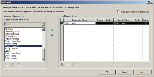Screenshot of the Edit Label dialog displaying the category parameters (left pane) and a table for label parameters (right pane) with columns for parameter name, spaces, prefix, sample value, suffix, and break.