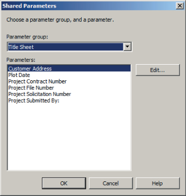 Screenshot of Shared Parameters dialog box with the parameter group set to Title Sheet and parameters to Customer Address.