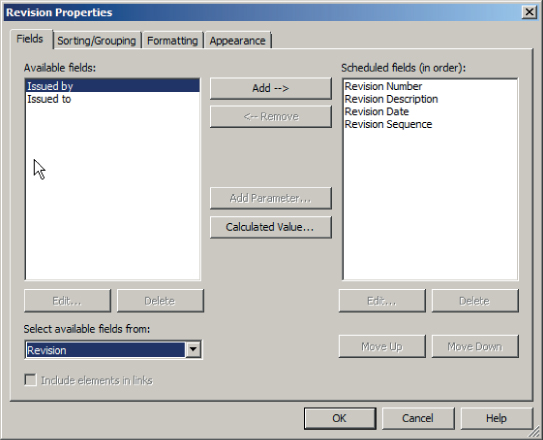 Screenshot of the Fields tab in Revision Properties dialog with Issued by option selected in Available fields pane (left) and Revision from list of available field source. Scheduled fields are in the right pane.