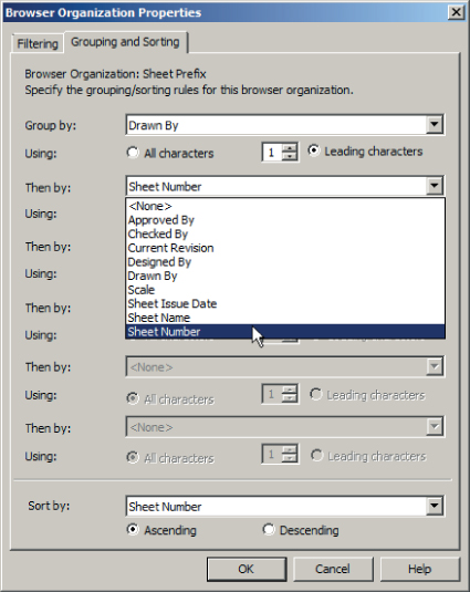 Screenshot of the Grouping and Sorting tab in Browser Organization Properties dialog presenting the drop-down menu for each level of grouping and sorting, with radio buttons for ascending and descending order.