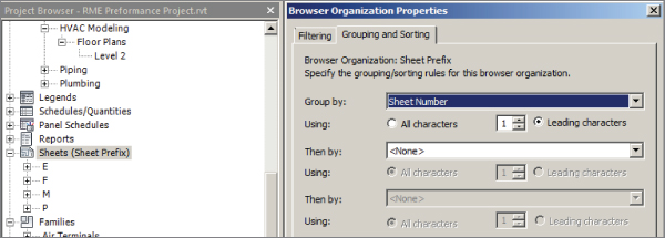 Screenshot of the Project Browser dialog (left) with a tree presenting sheet organization by sheet number and the Grouping and Sorting tab in Browser Organization Properties dialog (right).