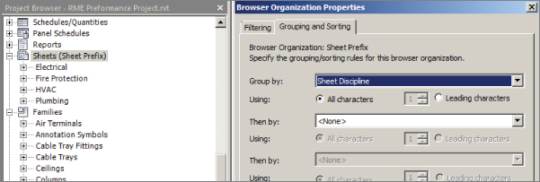 Screenshot of the Project Browser dialog (left) with a tree presenting sheet organization by sheet discipline and the Grouping and Sorting tab in Browser Organization Properties dialog (right).