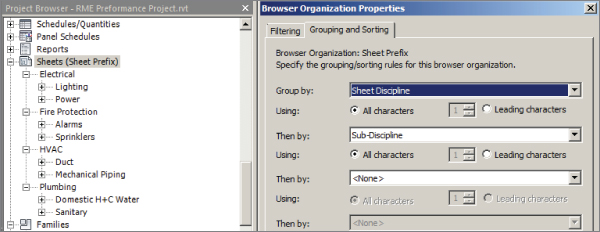 Screenshot of the Project Browser dialog (left) with a tree presenting sheet organization by sheet discipline with two levels and the Grouping and Sorting tab in Browser Organization Properties dialog (right).