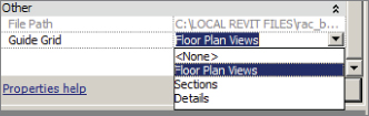 Snippet image of the Sheet Composition panel presenting the drop-down menu for Guide Grid parameter with Floor Plan Views option selected.